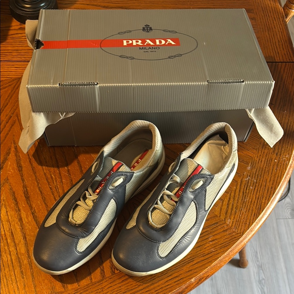 Prada Men's Blue and Tan Sneakers